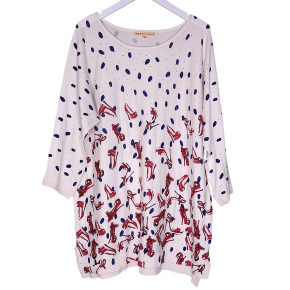 Sweaters - Mesh + Lace‎ Sweater XL Ivory Red Blue Studded Pullover 3/4 Sleeve Shoes Heels